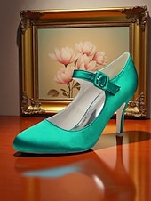 voordelige Cocktail-Champagnekleurige satijnen Mary Jane-hakken voor dames met kristallen gesp, elegante pumps met puntige neus voor cocktailparty&#039;s