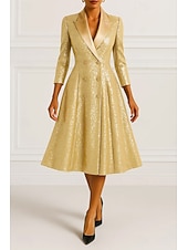 olcso Szmokingruhákkal-Szmoking ruha A-vonalú Előírásos Szatén Flitter Elegáns Szüret 3/4 ujjú rakott Midi Csúcs hajtóka Dupla soros