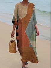 abordables Robe Rayée et Géométrique-Robe maxi femme Kaftan à manches 3/4 col rond robe décontractée robe shift A-line robe Boho quotidienne rendez-vous sortie géométrique brun foncé jaune rouge violet