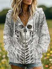 baratos Sweatshirt e Hoodie de Halloween-Mulheres Moletom com zíper Gráfico Caveiras Abóbora Moda Casual Manga Longa Com Capuz Tops regulares Rua Dia a Dia Zíper Bolsos Imprimir Preto Vermelho Laranja Marron Cinzento Primavera Outono Inverno