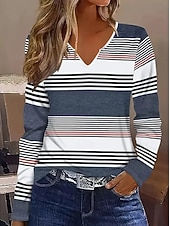 ieftine Tricou cu dungi și geometric-Pentru femei Tricou Grafic Geometric Dungi Epocă Stilat Clasic Manșon Lung În V Gât crestat Topuri obișnuite Zilnic Sfârșit de săptămână Imprimeu Negru și Alb Albastru Prăfuit Gri Primăvară Toamn