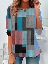 billige Stripe og geometrisk t-skjorte-Dame T skjorte Grafisk Geometrisk Årgang Stilfull Fritid Langermet Crew-hals Vanlige topper Daglig Trykt mønster Svart Rosa Blå Himmelblå Kakifarget Sommer Vår Høst