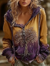 cheap Boho Tops-Women&#039;s Zip Up Hoodies Floral Punk Active Vintage Long Sleeve Hooded Regular Tops Home Dailywear Casual Yellow Pink Blue Purple Fall Winter