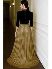 cheap Tuxedo Dresses-Tuxedo Dress A-Line Formal Wedding Wedding Guest Velvet Elegant Color Block Half Sleeve Floor Length Notched Lapels