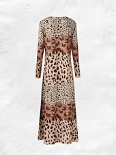 tanie Sukienka boho-Damskie Sukienka maxi Sukienka trapezowa Sukienka A line Impreza Codzienny Boho Codzienny Randka Wyjściowe Regularny Graficzny Zwierzę Panterka Długi rękaw Półgolf Rumiany róż Niebieski Brązowy