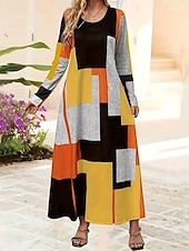 ieftine Rochie cu dungi și geometrică-Pentru femei Rochie Maxi Rochie A line Rochie de vară Vacanță Casual Zilnic Fit regulat Grafic Geometric Abstract Manșon Lung Stil Nautic Galben Albastru piscină Primăvară Toamnă Iarnă