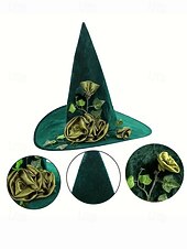 levne Halloweenské doplňky-Dámský zelený sametový čarodějnický klobouk se saténovými růžemi a břečťanem – elegantní halloweenský kostýmní klobouk na večírky a tematické akce