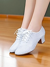 baratos Ténis de Dança-Sapatos de dança brancos com cadarço para mulheres - calçados de salão de salto grosso e brilhante com design de malha respirável para prática e performance