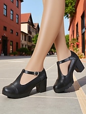  Lyseblå damesko med T-stropp og kraftig hæl – pumps i imitert skinn med rund tå og spenne for fritidsbruk, kontorantrekk og vår- og sommerarrangementer