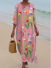 olcso Virágos ruha-Női Maxi Ruha Kaftan 3/4 Hosszú Ujjú Környakú Lazac Átmeneti Ruha Boho Mindennapi Ünnepi Randi Virágos Grafika Sárga Rózsaszín Kék Zöld Tavasz Ősz