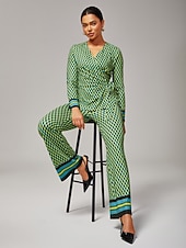 abordables Ensembles deux pièces-Femmes Féminin Chemise boutonnée Chemise Décontractée Arbre Rayé Occasionnel Tee-shirt Vert Broderie Boutons Manche Courte Élégant Bohème Vacances Col de chemise Été