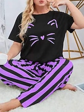 Per donna Attivo Blusa Set di Pantaloni Manica Corta Girocollo Gatto A righe Stampato Vacanza Casual Quotidiano Nero Giallo Rosa Autunno Vestibilità regolare economico Abiti da donna con camicetta-Per donna Attivo Blusa Set di Pantaloni Manica Corta Girocollo Gatto A righe Stampato Vacanza Casual Quotidiano Nero Giallo Rosa Autunno Vestibilità regolare