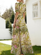 baratos Vestidos de Festa em A-Linha A Longo Vestidos de noite Vestido de Baile Vestido formal Elegante Vintage Manga Curta Colarinho de Camisa Casamento Formal Fibra Sintética com Estampa floral Fenda Bolsos