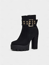 baratos Botas com salto-bota feminina plataforma de camurça preta com salto grosso e fivela dourada &amp;fecho de zíper - festa ousada &amp;calçados de concerto para looks de outono e inverno