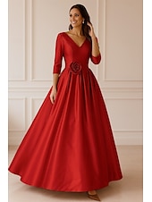 abordables Robes de Soirée en A-Ligne A Robe de Soirée Élégant Robe de soirée Formel Mariage Longueur au sol Manche 3/4 Col en V Satin Extensible avec Froncé 2025