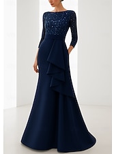 preiswerte Meerjungfrau Abendkleider-blau-schwarzes Meerjungfrau-Abendkleid, elegantes Kleid, formelle Hochzeit, bodenlang, lange Ärmel, U-Boot-Ausschnitt, Champagner, Satinkleid für die Brautmutter mit Glitzerrüschen 2025