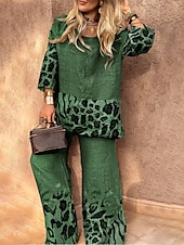 preiswerte Blusenanzüge für Damen-Damen Aktiv Mode Bluse Hosen-Sets Langarm Rundhalsausschnitt Leopard Patchwork Ausgehen Wochenende Schwarz Weiß Rote Herbst Normale Passform