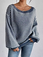 preiswerte Grafische Muster und Details-Damen Pullover Lässig Weich Gestreift Gerippt U-Boot-Ausschnitt Gestrickt Langarm Normale Oberteile Stricken Outdoor Täglich Wochenende Schwarz Rote Herbst Winter