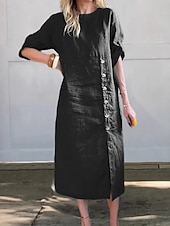 ieftine rochii imprimate din bumbac si in-Pentru femei Rochii Midi Rochie casual Rochie din in bumbac De Bază Modern Zilnic Sfârșit de săptămână Fit regulat Simplu Lungime Manșon 3/4 Stil Nautic Negru Galben Albastru piscină Maro Var