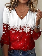 abordables Hauts de Noël-Noël Femmes T-shirt Graphique Motif de flocon de neige ancien Élégant Basique Manche 3/4 Col en V Hauts Réguliers Quotidien Week-end Imprimé Rouge Hiver