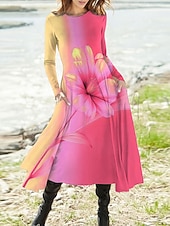 preiswerte Blumenkleider-Damen Maxikleid A Linie Kleid Figurbetontes Kleid Urlaub Lässig Boho Party Täglich Ausgehen Normale Passform Ombre Blumen Grafik Langarm Rundhalsausschnitt Rote Blau Purpur Sommer Frühling Herbst