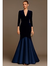 baratos Vestidos de Noite-Vestido de noite sereia/trompete em veludo azul, elegante, formal, para casamento, comprimento até o chão, manga comprida, decote em V com pregas, 2025