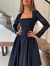 abordables Robes Courts &amp; Mini-Robe de cocktail trapèze noire en crêpe extensible à manches longues, robe de soirée élégante, longueur thé, longueur midi, col carré, dentelle extensible avec poche froncée, 2025