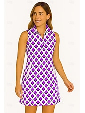 baratos Vestido Feminino-Mulheres Geométrica Vestido de tênis vestido de golfe Vestido sem mangas Sem Manga Zíper Proteção UV Elástico Respirável Tênis Golfe Badminton Colarinho polo Vestidos Azul Roxo Roupas de tênis