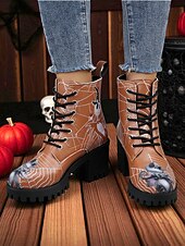 abordables Pour les femmes-Bottines de combat à talons épais pour femmes, motif tête de mort d&#039;Halloween et toile d&#039;araignée – bottines gothiques à lacets pour cosplay, porte-bonheur et mode automnale effrayante