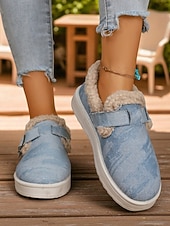 abordables Botas de nieve e invierno-Botines de nieve para mujer con forro polar vaquero: zapatos de invierno cálidos e informales sin cordones con correa de velcro para viajes y paseos al aire libre.