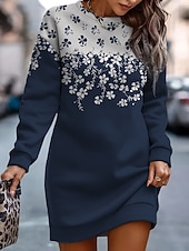 levne Mikina a šaty s kapucí-Dámské mikinové šaty mini šaty volné šaty dovolená běžné škola venkovní dovolená běžné střih květinová grafika dlouhý rukáv kulatý výstřih červená modrá zelená podzim zima