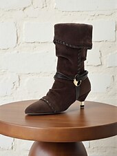 levne Slouch Boots-Dámské semišové kozačky v moka hnědé barvě do půli lýtek s pleteným páskem, překlápacím designem a kotníkovými podpatky, městská ležérní módní obuv pro každodenní streetwear.