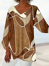 Недорогие Женские Искусство и Дизайн Топы-Жен. Блуза Графика Геометрический принт Абстракция Гавайский Стиль На каждый день Длинный рукав V-образный вырез Обычные топы Повседневные Праздники На выход С принтом Хаки Лето Весна Осень