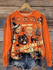olcso Halloween pulóver és kapucnis felső-női pulóverek grafikus mintás divatos lezser hosszú ujjú kerek nyakú normál felsők utcai mindennapi viselet lezser nyomtatott fekete sárga rózsaszín fukszia narancssárga ősz tél