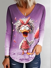 ieftine Tricou cu animale-Pentru femei Tricou Ombre Grafic Rață Epocă Stilat Clasic Manșon Lung În V Topuri obișnuite Zilnic Imprimeu Albastru piscină Mov Trifoi Gri Primăvară Toamnă Iarnă