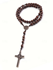 abordables Joyas para hombres-Rosario de madera para hombre con medalla de San Benito y crucifijo: cuentas de oración católicas para el culto religioso, la reflexión espiritual y la devoción diaria.