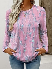 abordables T-shirt floral-Femmes T-shirt Imprimé Fleuri Graphique Plantes ancien Élégant Classique manche longue Col ras du cou Hauts Réguliers Quotidien Week-end Bleu Rose Claire Violet Vert Printemps Automne