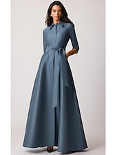 economico Vestiti da sera-Abito da sera a trapezio abito elegante matrimonio formale da ospite lunghezza a terra manica a metà collo a revers tasca chiffon satin con fiocco/i tasca a spalline
