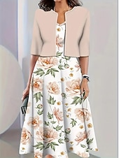 ieftine rochie florală-Pentru femei Set de rochii Rochie A line Casual Rochii Semi Formale Floral Grafic Imprimeu Rochii Midi Manșon Jumate Stil Nautic Vacanță Dată Galben Albastru piscină Bej Vară Primăvară Fit regulat