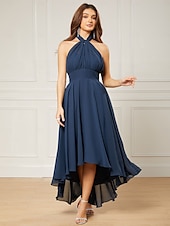 billiga Bröllopsgästklänningar-A-linjeformade Bröllops Gäst Klänningar Elegant Klänning Formal Bröllops Fest Te Längd utan Ärmar En Axlar Höst Bröllops Gäst Chiffon med Rynkning