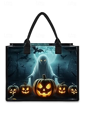 tanie Torby-damska torba na Halloween z motywem dyni i nawiedzonego domu — duża, wielokrotnego użytku torba na zakupy z kieszenią na zamek i wytrzymałymi uchwytami, w stylu gotyckim, idealna na „cukierek albo psikus”, imprezy kostiumowe i do codziennego użytku