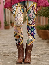 tanie wzór kwiatowy-Damskie Getry Urlop Zabytkowe Moda Do kostek Wysoka talia Kwiaty Graficzny Drukowanie Keep Warm Miękka Oddychający Elastyczny Formalny Na zewnątrz Urlop Żółty Fioletowy Pomarańczowy Zielony Lato