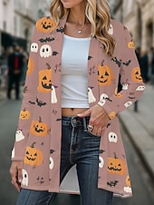ieftine Îmbrăcăminte de Halloween-Pentru femei Palton Ușor Comfortabil Imprimeu Epocă Artistic Casual Halloween Dovleac Casual Lung Fără Guler Potrivire Largă Manșon Lung Îmbrăcăminte exterioară Negru Roz Îmbujorat Bleumarin