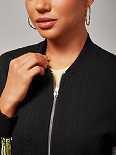 preiswerte Überbekleidung für Damen-Damen Bomberjacke Casual Street Patchwork Kürbis Print Mikro - elastischer Strukturstoff Schwarz Polyester Elasthan