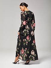 economico Abiti da festa-Abito per invitati in chiffon con volant floreale e maxi scollo a V. Abito per invitati