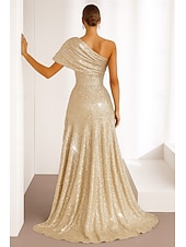 cheap Empire Waist Evening Dresses-Sequined Gold Black A-Line Cocktail Dresses Elegant Dress Formal Wedding Floor Length Sleeveless One Shoulder Sequined with Glitter 2025
