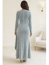 preiswerte Cocktailkleider-blau rot schwarz Etuikleid/Säule Abendkleid elegantes Kleid formalen Herbst knielang Langarm Rundhalsausschnitt Samt mit Falten gerafft 2025
