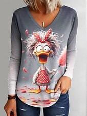 ieftine Tricou cu animale-Pentru femei Tricou Ombre Grafic Rață Epocă Stilat Clasic Manșon Lung În V Topuri obișnuite Zilnic Imprimeu Albastru piscină Mov Trifoi Gri Primăvară Toamnă Iarnă