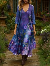 abordables Robe Fleurie-Femmes Robe Ensemble Robe Maxi Robe trapèze Vacances Boho Fleuri Graphique Superposé Imprimé Robe maxi Manche 3/4 Col en V Extérieur Quotidien Rouge Bleu Violet Claire Été Printemps Coupe régulière