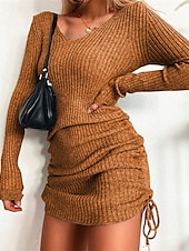 abordables Robes pull-Femmes Mini Robe Robe Pull Mode Moderne Extérieur Vacances Fête Coupe régulière Uni manche longue Col en V Noir Jaune Vin Vert foncé Automne